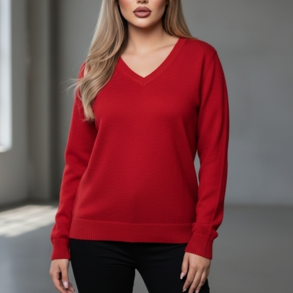 Y2K Merona 100% Merino Wool V Neck Sweater Size Medium Bright Red 🍒